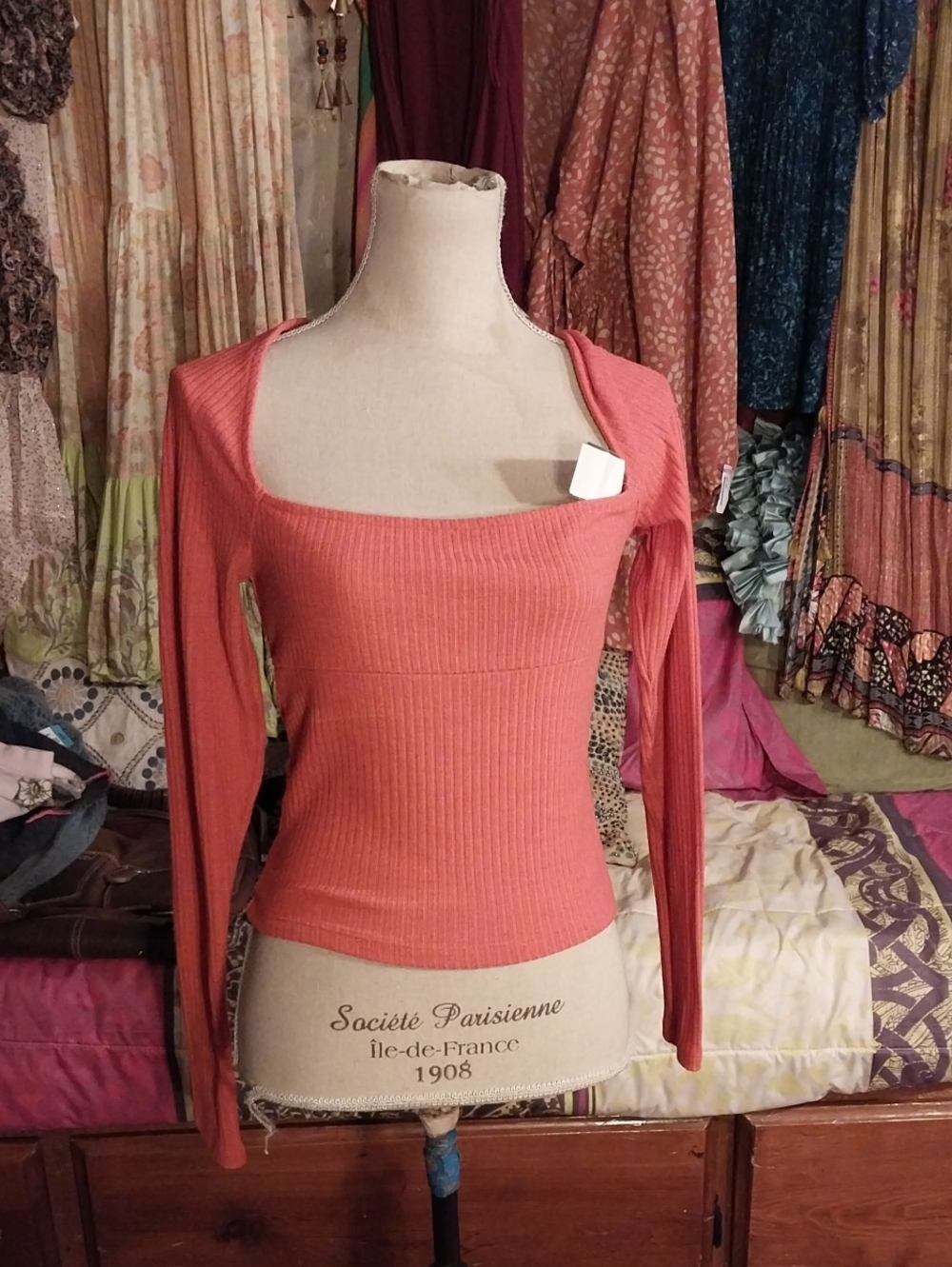 Urban Outfitters Coral Ribbed Square-Neck Long Sleeve Top